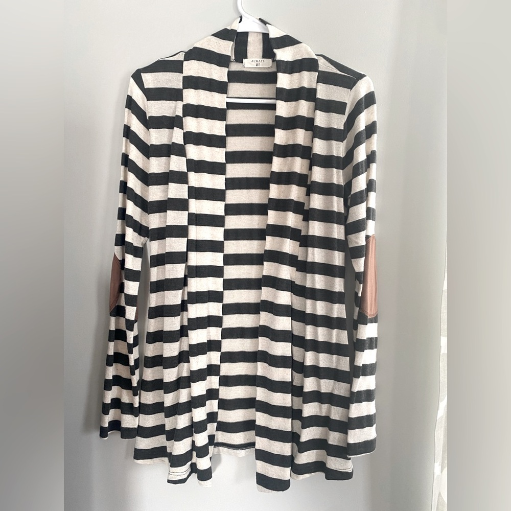 Boutique Elbow Patch Striped Cardigan